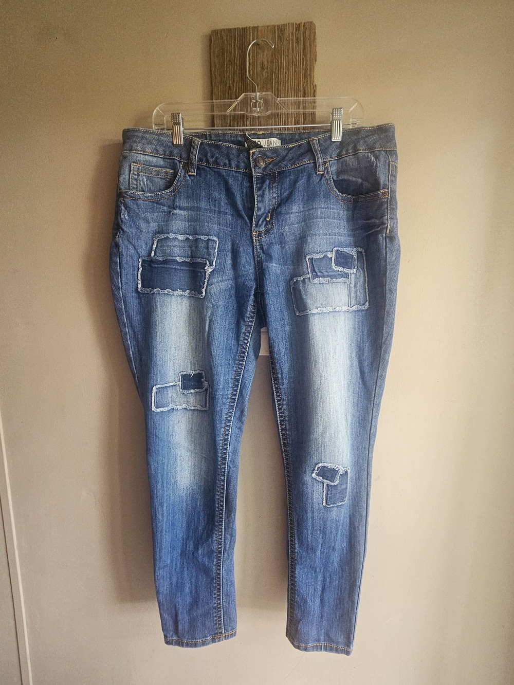 Distressed Blue Boyfriend Jeans with Patchwork Detail